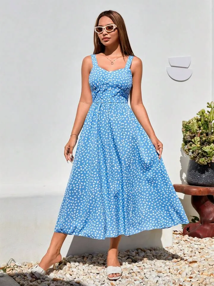 CM-DS308703 Women Casual Seoul Style Loose Fit Spotted Print Spaghetti Strap Dress - Blue