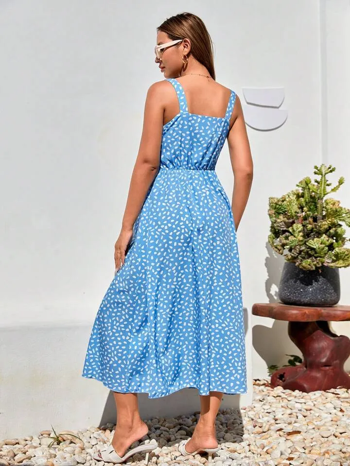 CM-DS308703 Women Casual Seoul Style Loose Fit Spotted Print Spaghetti Strap Dress - Blue