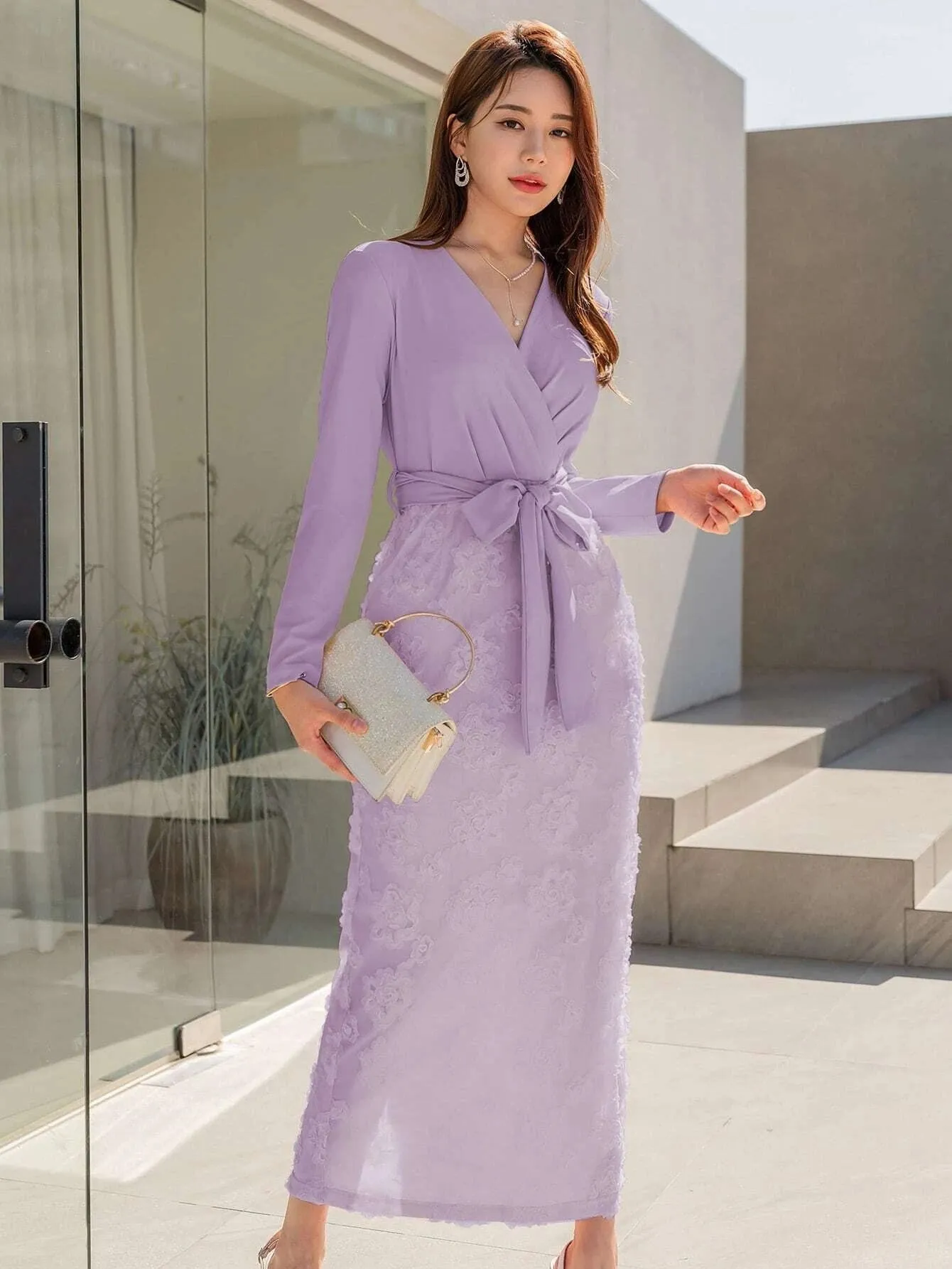 CM-DS356146 Women Elegant Seoul Style Floral Jacquard Split Back Belted Dress - Purple