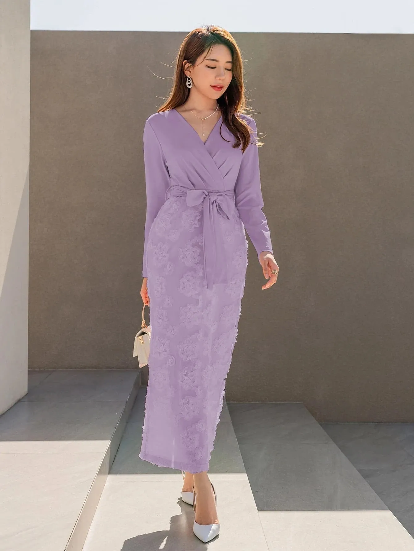 CM-DS356146 Women Elegant Seoul Style Floral Jacquard Split Back Belted Dress - Purple