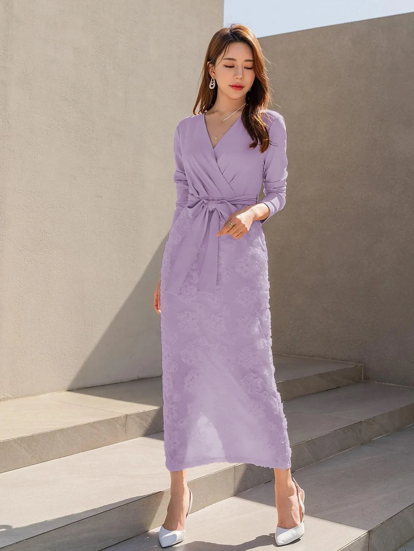 CM-DS356146 Women Elegant Seoul Style Floral Jacquard Split Back Belted Dress - Purple