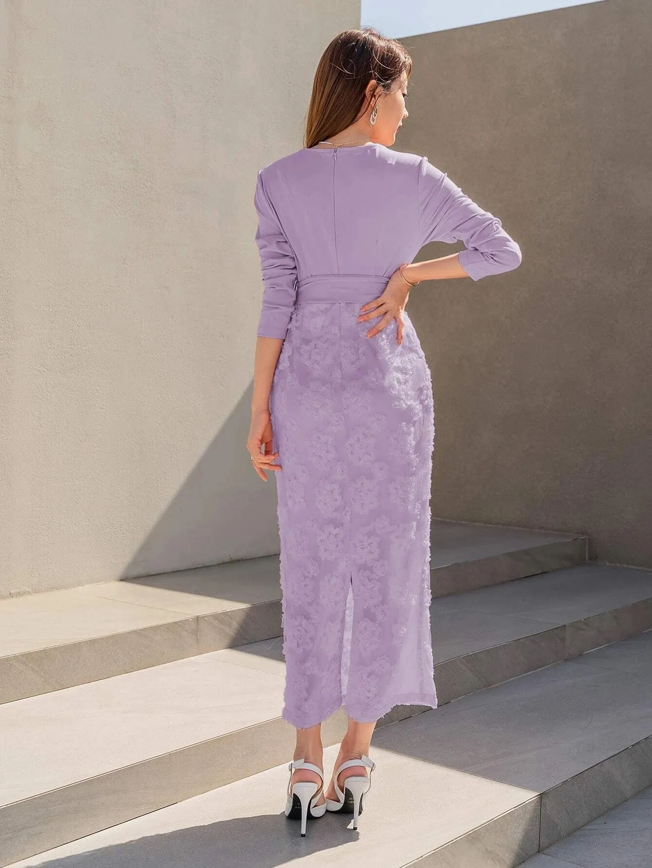 CM-DS356146 Women Elegant Seoul Style Floral Jacquard Split Back Belted Dress - Purple