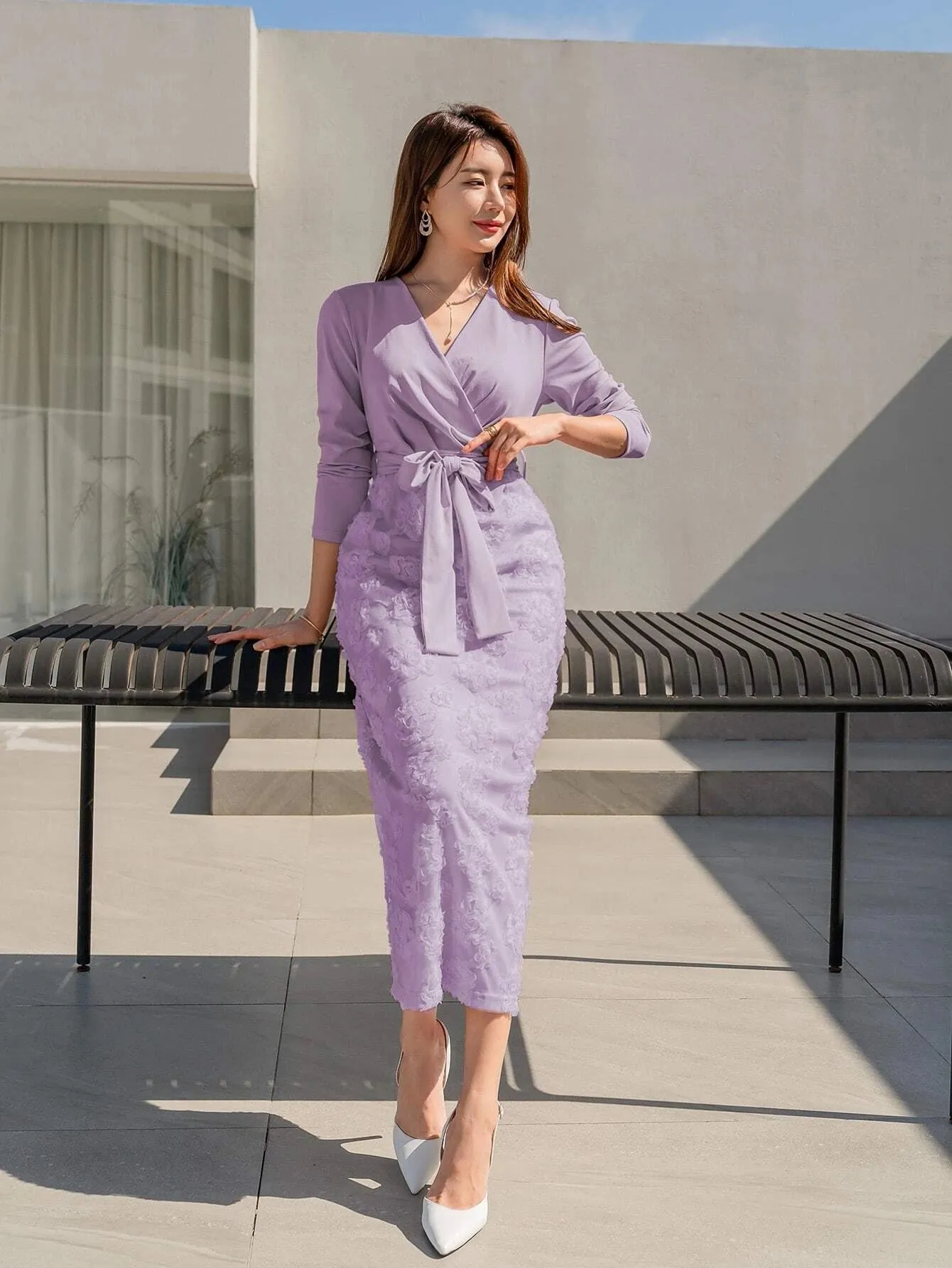 CM-DS356146 Women Elegant Seoul Style Floral Jacquard Split Back Belted Dress - Purple