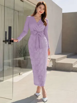 CM-DS356146 Women Elegant Seoul Style Floral Jacquard Split Back Belted Dress - Purple