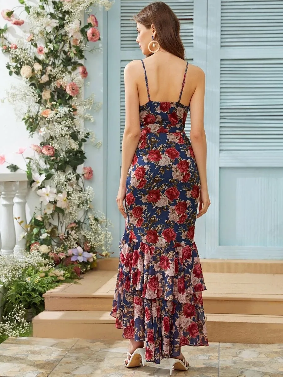 CM-DS401627 Women Elegant Seoul Style Sleeveless Asymmetrical Ruffle Hem Floral Print Cami Dress