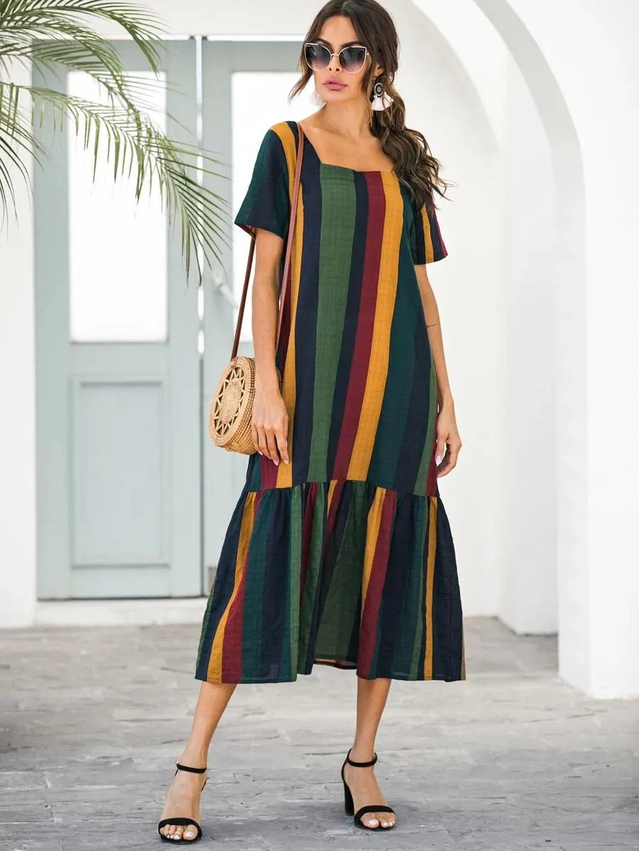 CM-DS410261 Women Casual Seoul Style Striped Square Neck Short Sleeve Ruffle Hem Dress