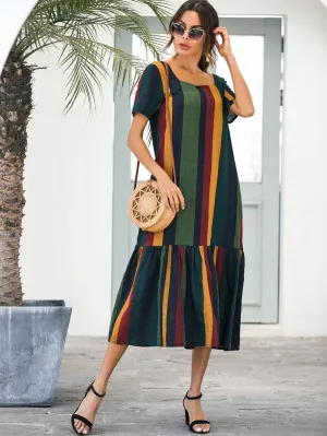 CM-DS410261 Women Casual Seoul Style Striped Square Neck Short Sleeve Ruffle Hem Dress