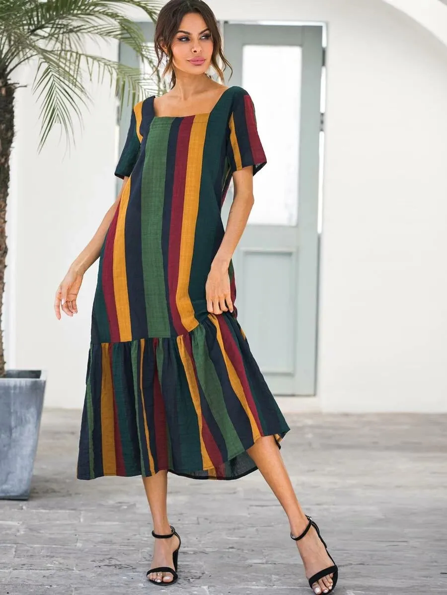 CM-DS410261 Women Casual Seoul Style Striped Square Neck Short Sleeve Ruffle Hem Dress