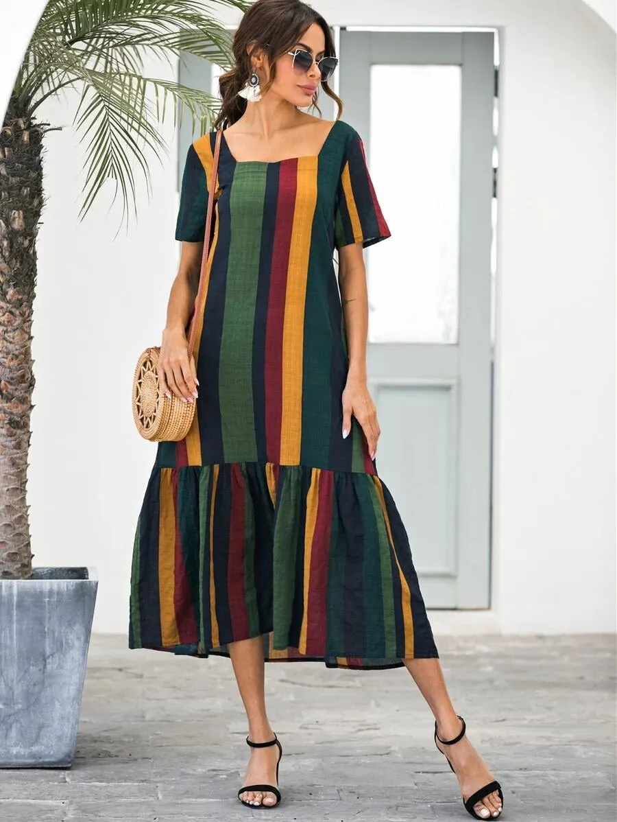 CM-DS410261 Women Casual Seoul Style Striped Square Neck Short Sleeve Ruffle Hem Dress