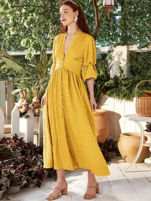 CM-DS428295 Women Elegant Seoul Style Plunging Neck Flounce Sleeve A-Line Long Dress - Yellow