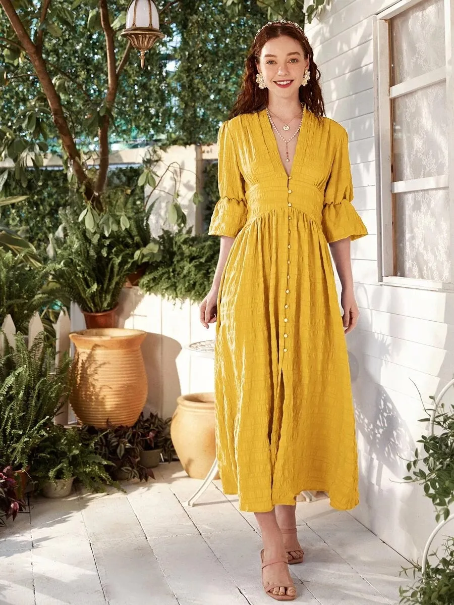 CM-DS428295 Women Elegant Seoul Style Plunging Neck Flounce Sleeve A-Line Long Dress - Yellow