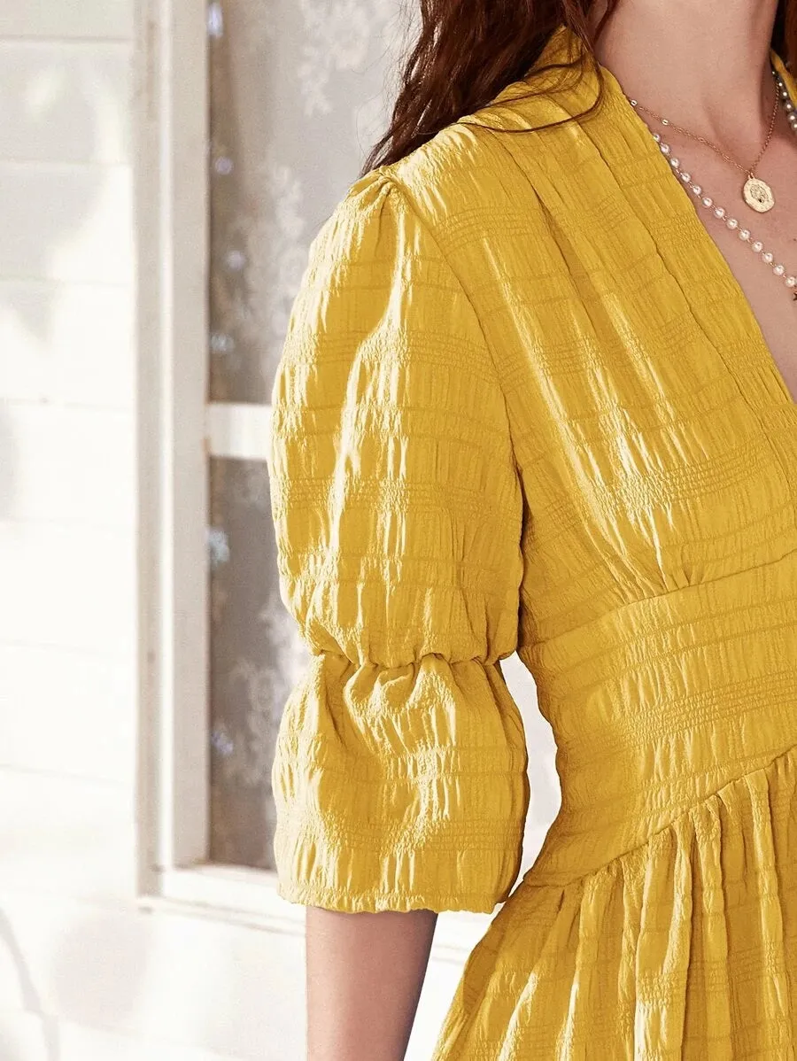 CM-DS428295 Women Elegant Seoul Style Plunging Neck Flounce Sleeve A-Line Long Dress - Yellow