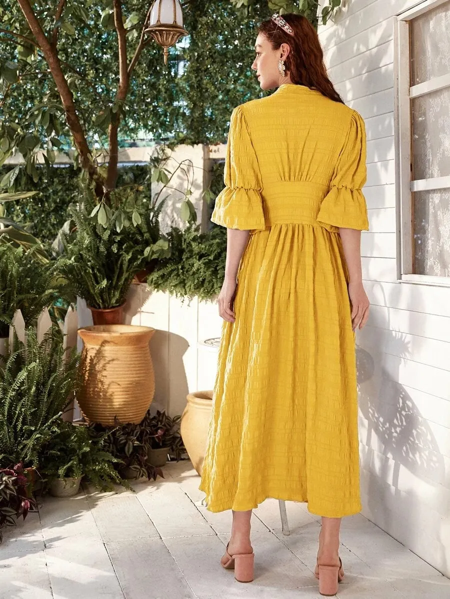 CM-DS428295 Women Elegant Seoul Style Plunging Neck Flounce Sleeve A-Line Long Dress - Yellow