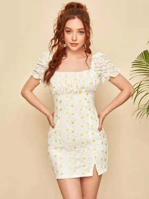 CM-DS505035 Women Casual Seoul Style Puff Sleeve Split Hem Daisy Embroidered Mesh Overlay Dress