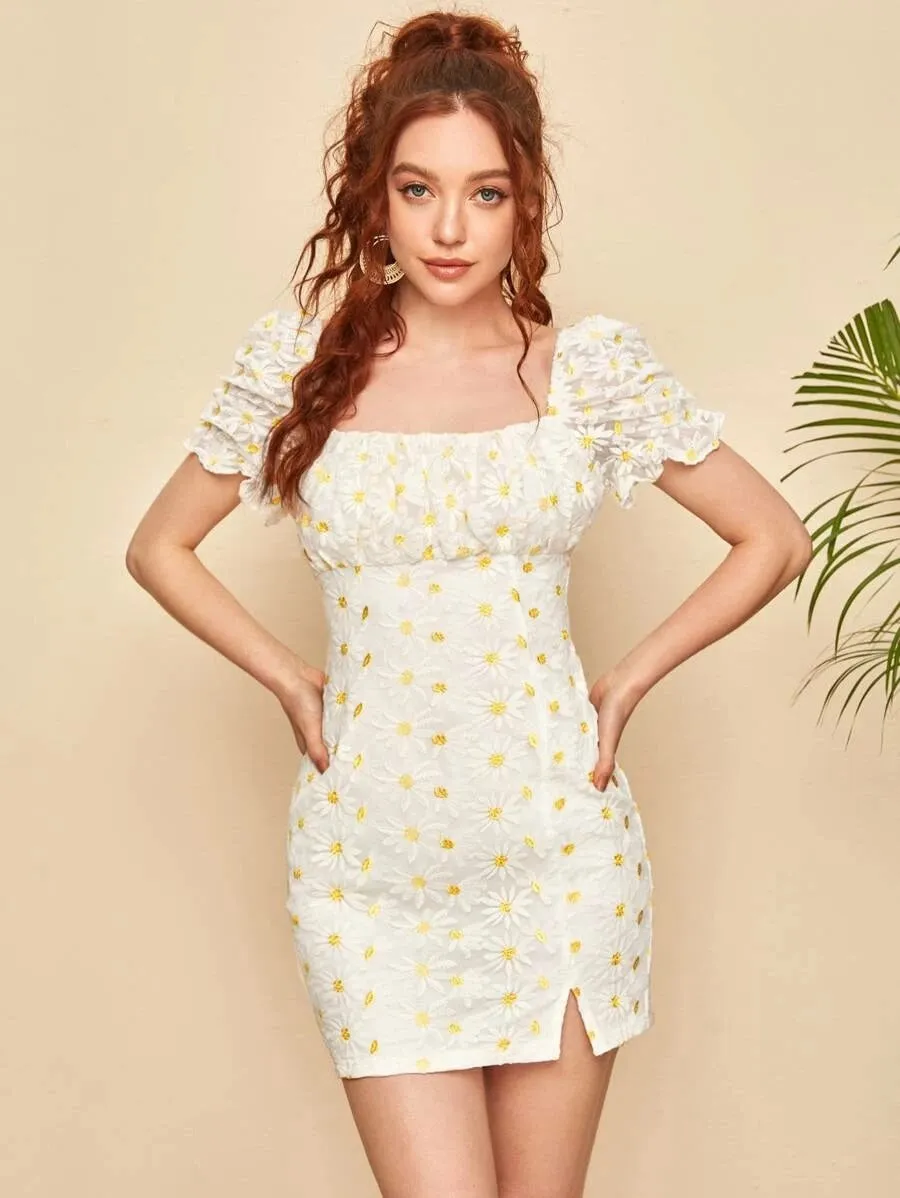 CM-DS505035 Women Casual Seoul Style Puff Sleeve Split Hem Daisy Embroidered Mesh Overlay Dress