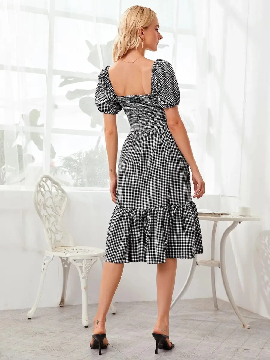 CM-DS617794 Women Casual Seoul Style Gingham Neck Shirred Waist Ruffle Hem Dress - Black