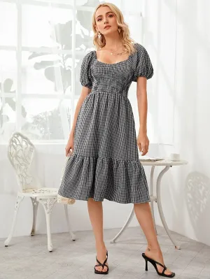 CM-DS617794 Women Casual Seoul Style Gingham Neck Shirred Waist Ruffle Hem Dress - Black