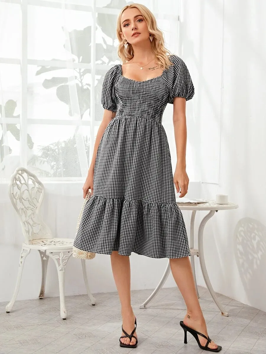 CM-DS617794 Women Casual Seoul Style Gingham Neck Shirred Waist Ruffle Hem Dress - Black