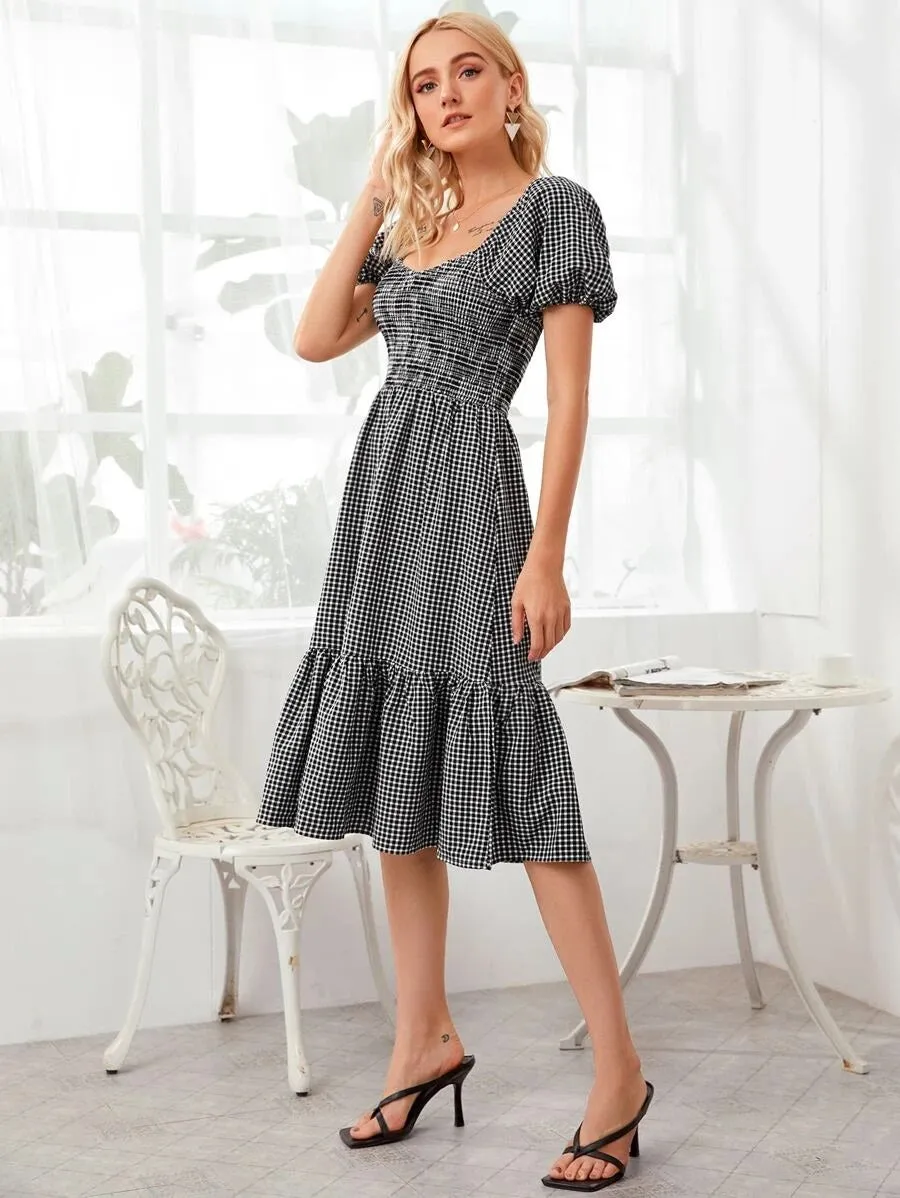 CM-DS617794 Women Casual Seoul Style Gingham Neck Shirred Waist Ruffle Hem Dress - Black