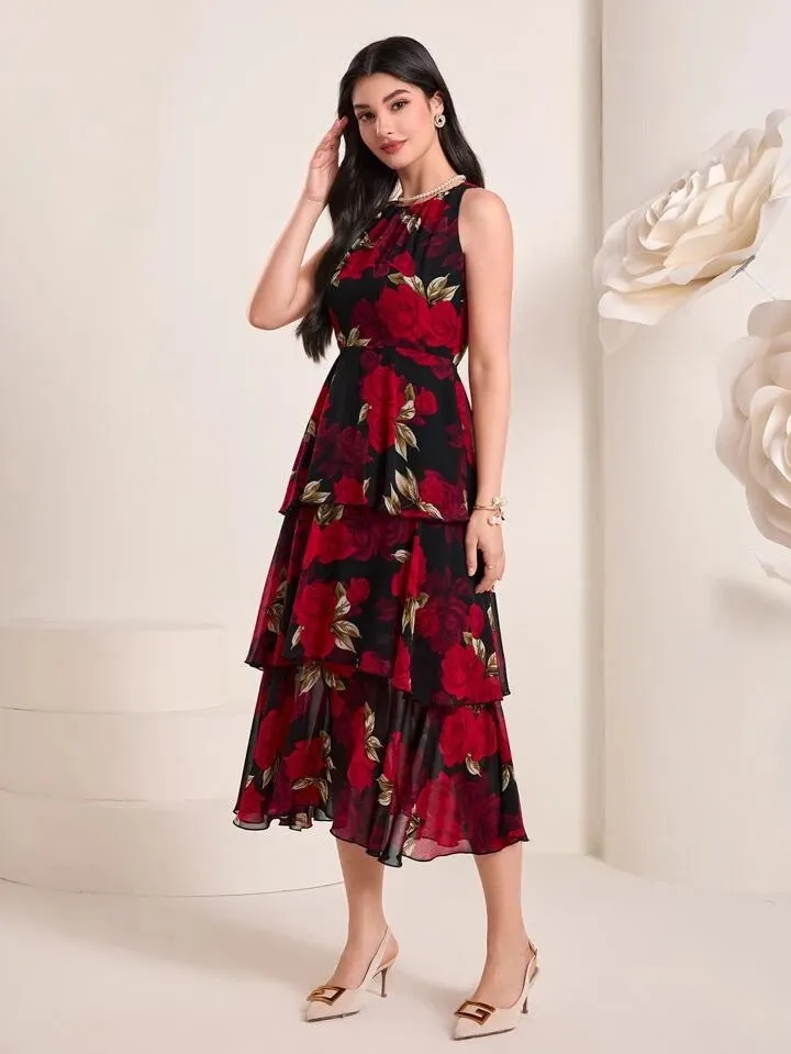 CM-DS928568 Women Casual Seoul Style Floral Print Sleeveless Ruffle Hem Dress
