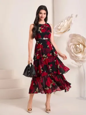 CM-DS928568 Women Casual Seoul Style Floral Print Sleeveless Ruffle Hem Dress