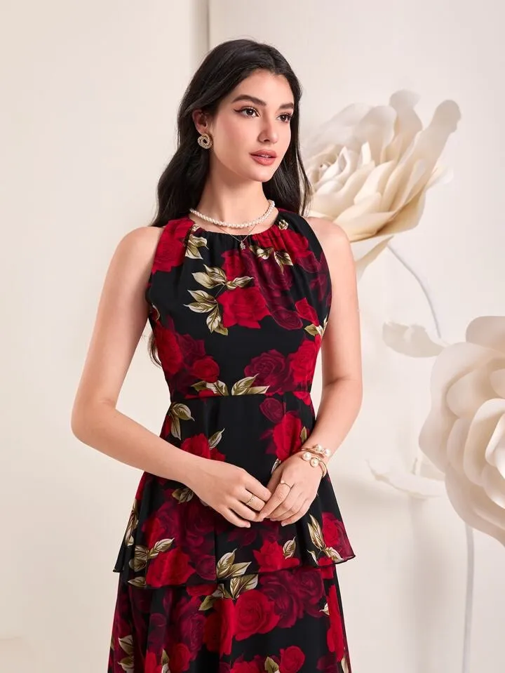 CM-DS928568 Women Casual Seoul Style Floral Print Sleeveless Ruffle Hem Dress