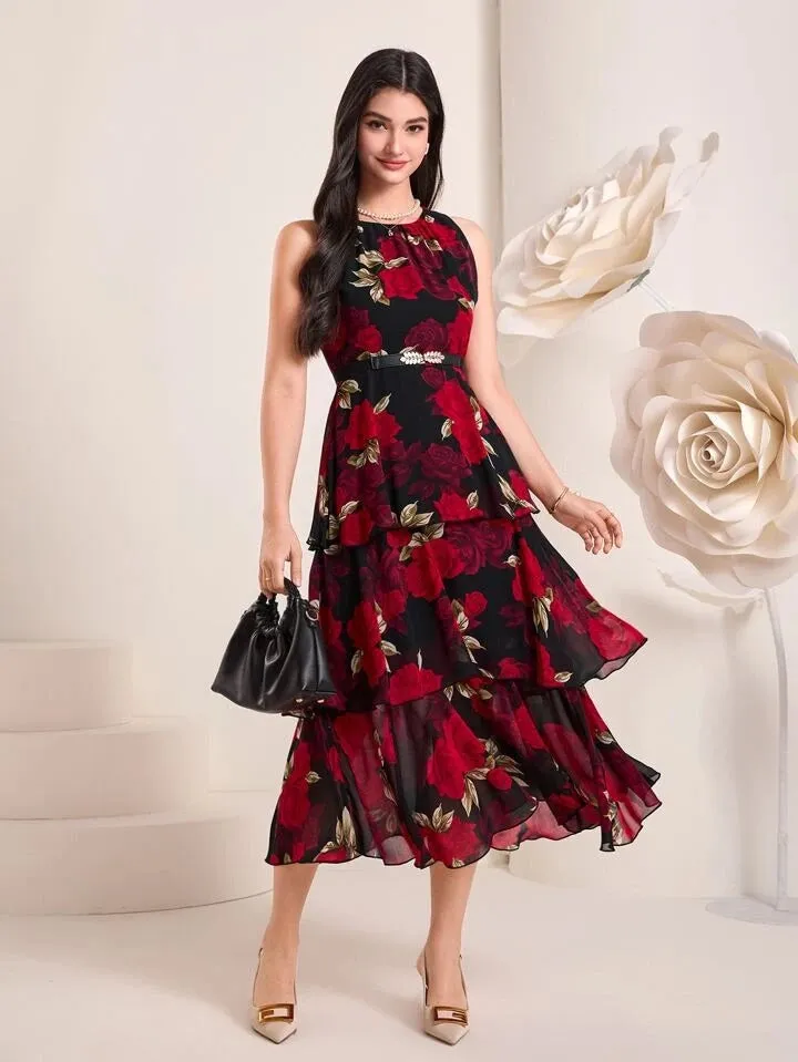 CM-DS928568 Women Casual Seoul Style Floral Print Sleeveless Ruffle Hem Dress