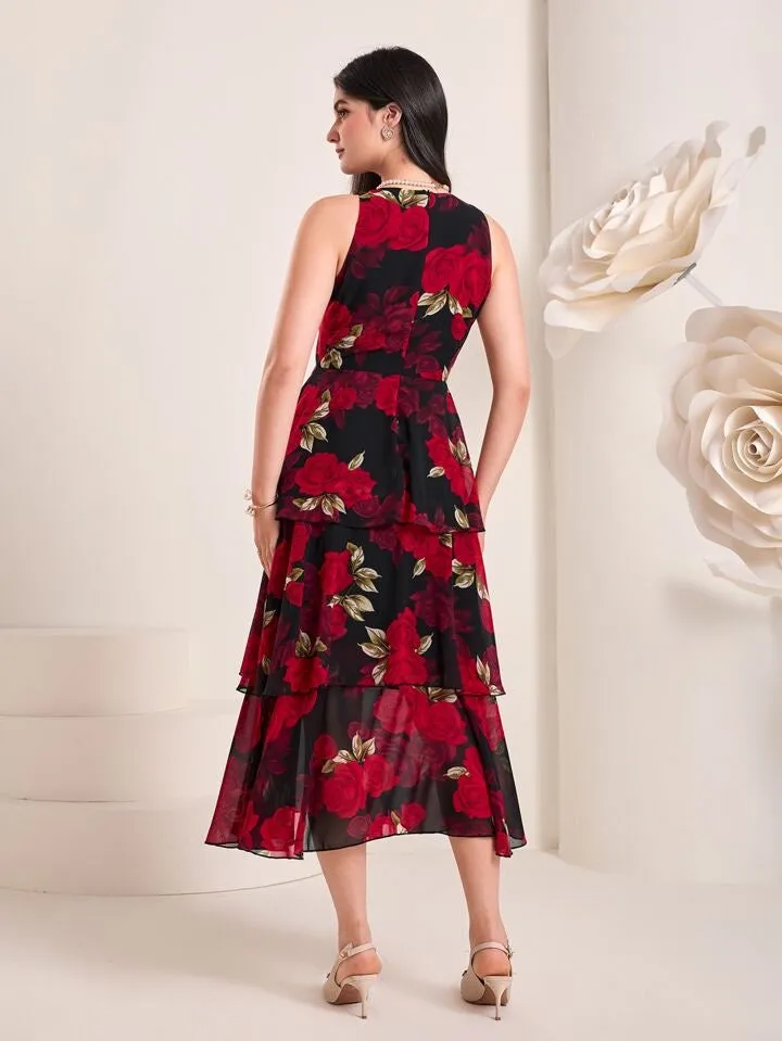 CM-DS928568 Women Casual Seoul Style Floral Print Sleeveless Ruffle Hem Dress