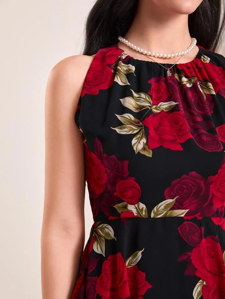 CM-DS928568 Women Casual Seoul Style Floral Print Sleeveless Ruffle Hem Dress