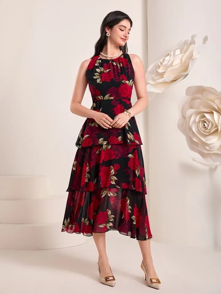 CM-DS928568 Women Casual Seoul Style Floral Print Sleeveless Ruffle Hem Dress