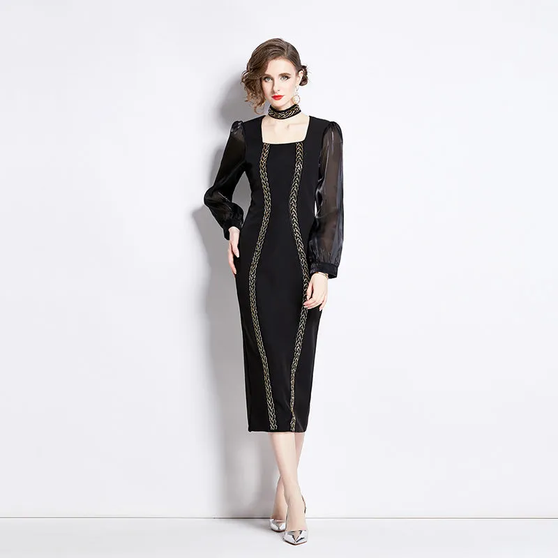 CM-DY002630 Women Elegant European Style Square Collar Long Sleeve Slim Dress - Black