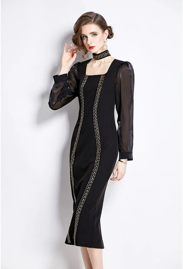 CM-DY002630 Women Elegant European Style Square Collar Long Sleeve Slim Dress - Black