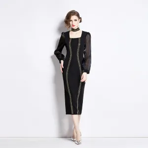 CM-DY002630 Women Elegant European Style Square Collar Long Sleeve Slim Dress - Black