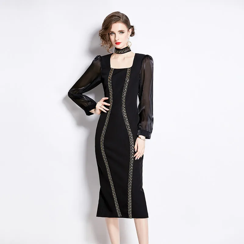 CM-DY002630 Women Elegant European Style Square Collar Long Sleeve Slim Dress - Black