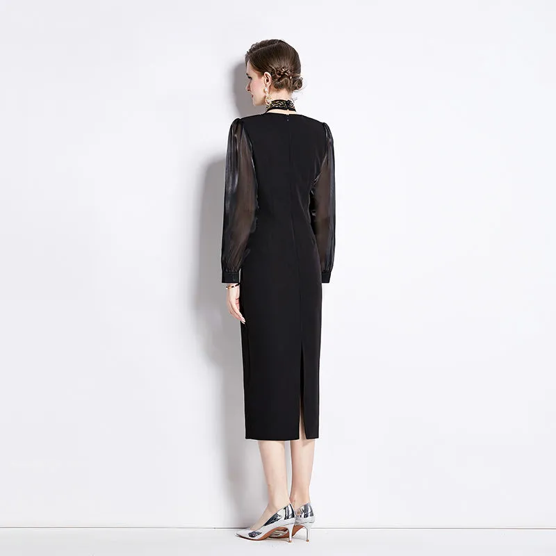 CM-DY002630 Women Elegant European Style Square Collar Long Sleeve Slim Dress - Black