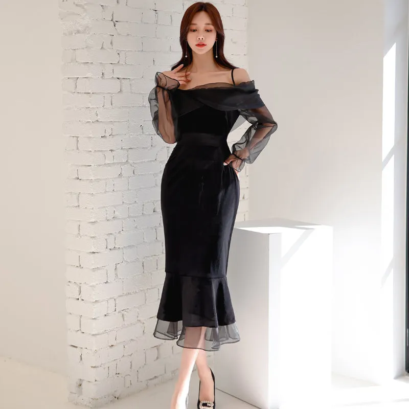 CM-DY082159 Women Elegant Seoul Style Off Shoulder Neckline Long Sleeve Dress - Black