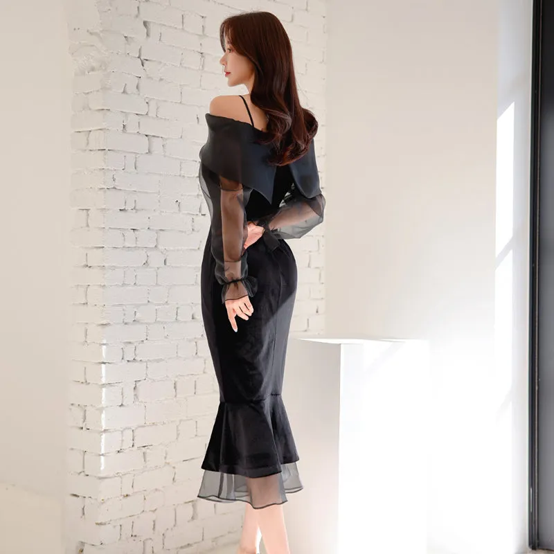 CM-DY082159 Women Elegant Seoul Style Off Shoulder Neckline Long Sleeve Dress - Black