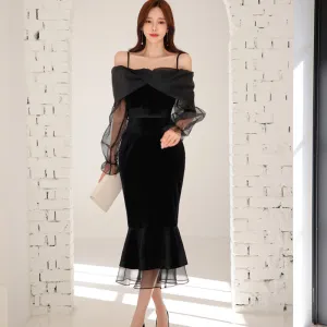 CM-DY082159 Women Elegant Seoul Style Off Shoulder Neckline Long Sleeve Dress - Black