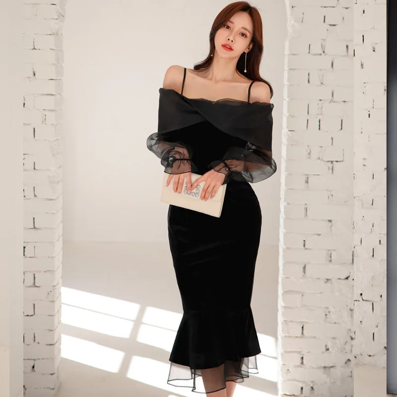 CM-DY082159 Women Elegant Seoul Style Off Shoulder Neckline Long Sleeve Dress - Black