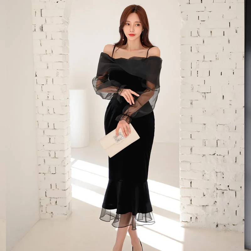 CM-DY082159 Women Elegant Seoul Style Off Shoulder Neckline Long Sleeve Dress - Black
