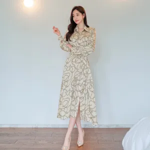 CM-DY082806 Women Casual Seoul Style Chain Printing Long Sleeve Shirt Dress