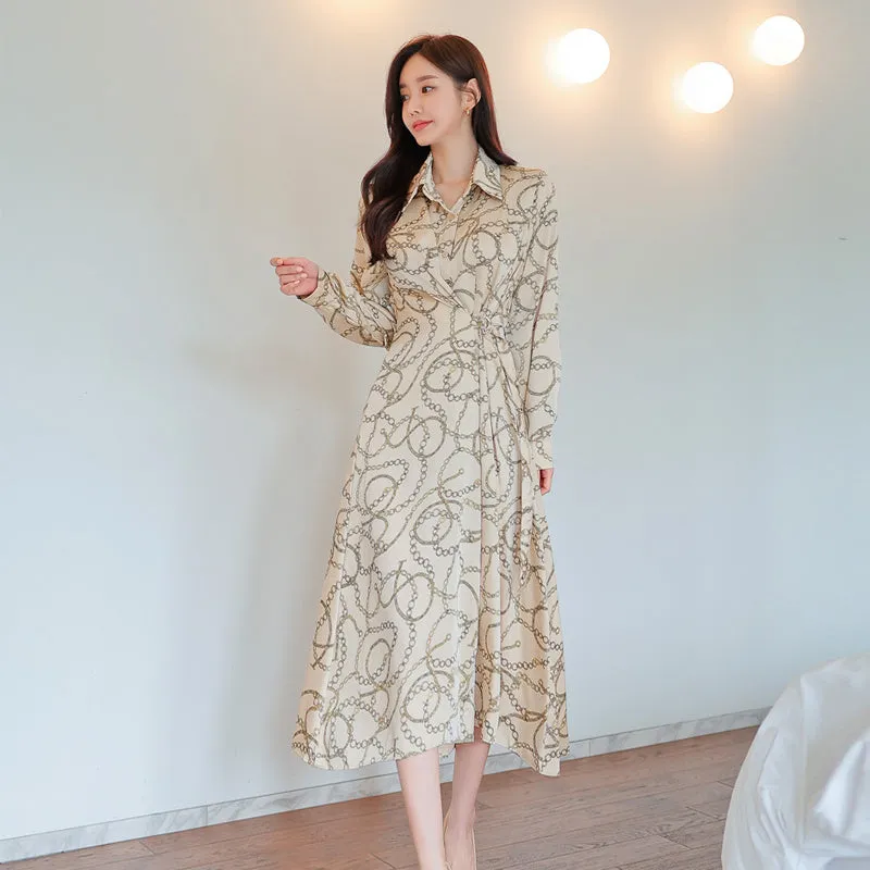 CM-DY082806 Women Casual Seoul Style Chain Printing Long Sleeve Shirt Dress