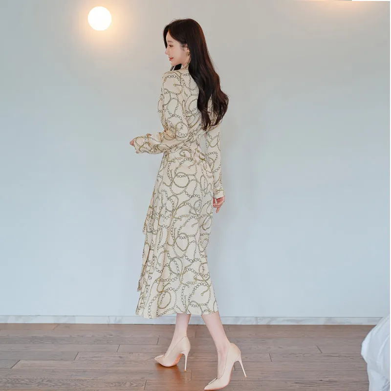 CM-DY082806 Women Casual Seoul Style Chain Printing Long Sleeve Shirt Dress