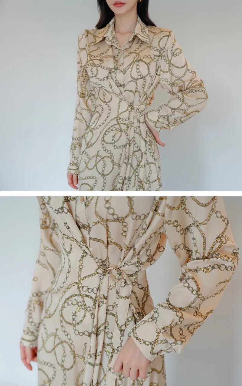 CM-DY082806 Women Casual Seoul Style Chain Printing Long Sleeve Shirt Dress