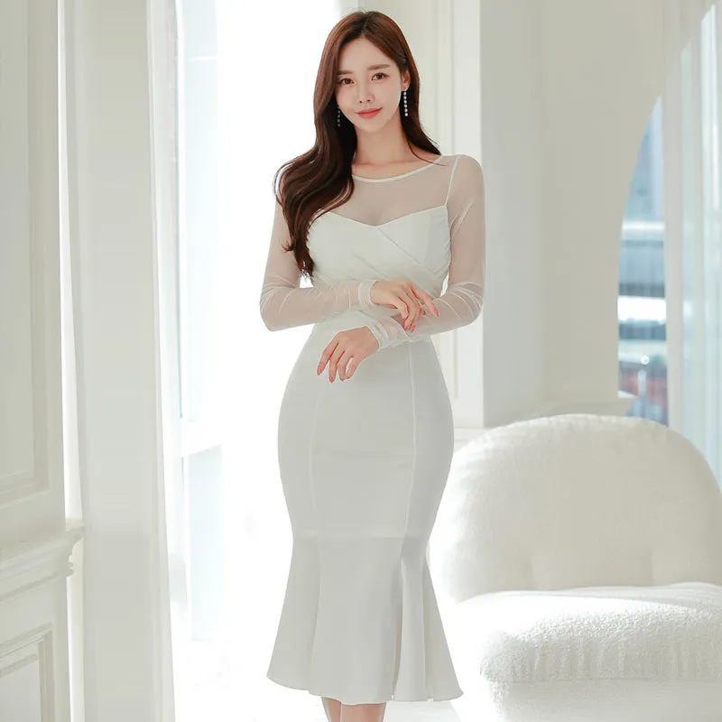 CM-DY095113 Women Elegant Seoul Style Gauze Round Neck Long Sleeve Slim Dress - White