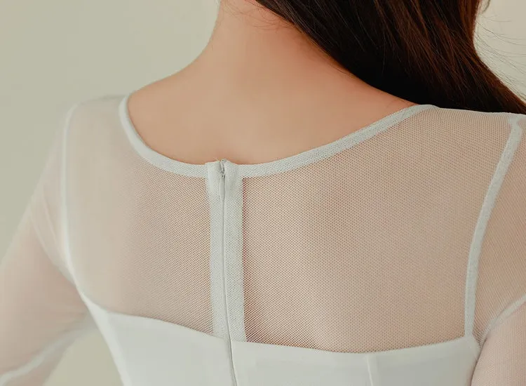 CM-DY095113 Women Elegant Seoul Style Gauze Round Neck Long Sleeve Slim Dress - White