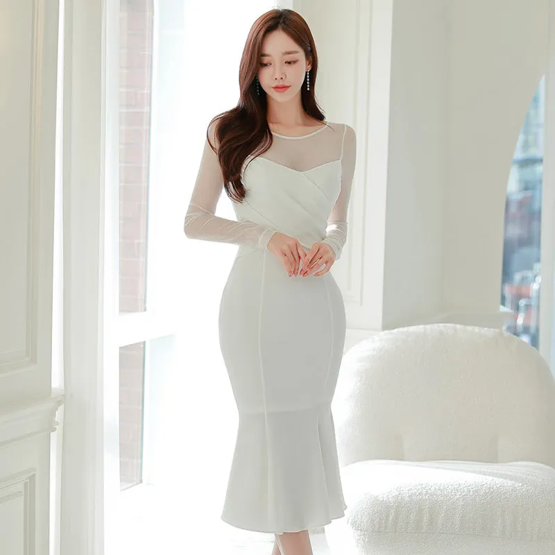 CM-DY095113 Women Elegant Seoul Style Gauze Round Neck Long Sleeve Slim Dress - White