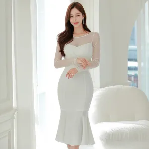 CM-DY095113 Women Elegant Seoul Style Gauze Round Neck Long Sleeve Slim Dress - White