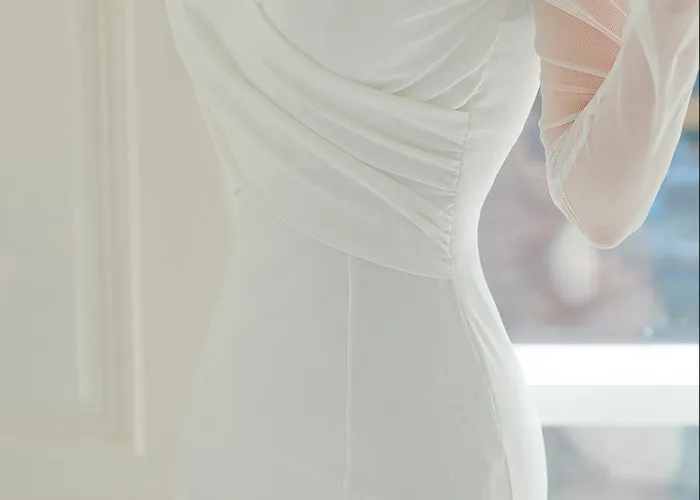 CM-DY095113 Women Elegant Seoul Style Gauze Round Neck Long Sleeve Slim Dress - White