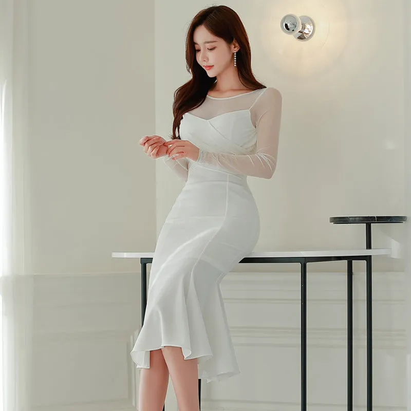 CM-DY095113 Women Elegant Seoul Style Gauze Round Neck Long Sleeve Slim Dress - White